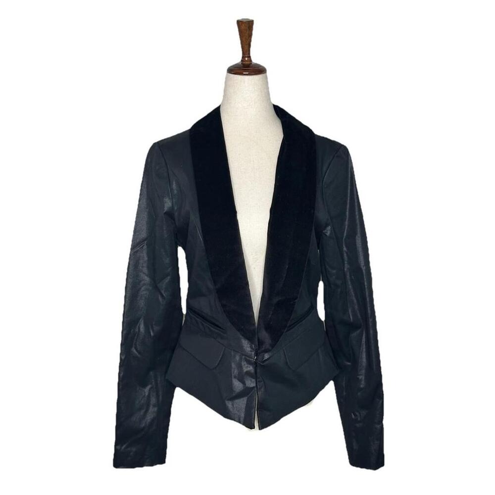 Guess Black Velvet Lapel Faux Leather Look Blazer Womens L Fitted Jacket Stretch